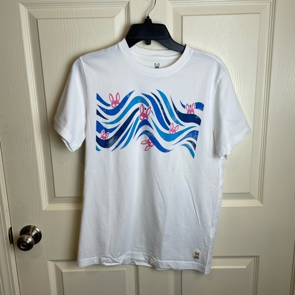 Psycho Bunny White T-Shirt with Blue and Pink Wave Design Small